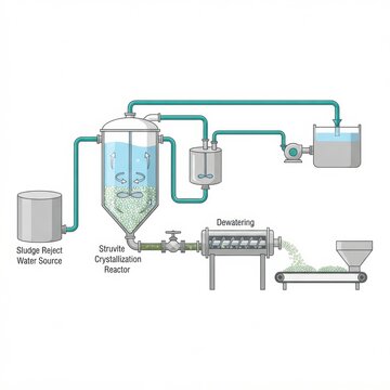 The process of sewage purification at a wastewater treatment plant with a focus on struvite phosphorus recovery and dewatering.