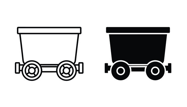 Pair of mine cart icons in both line art outline and solid black silhouette styles for mining industry concepts.