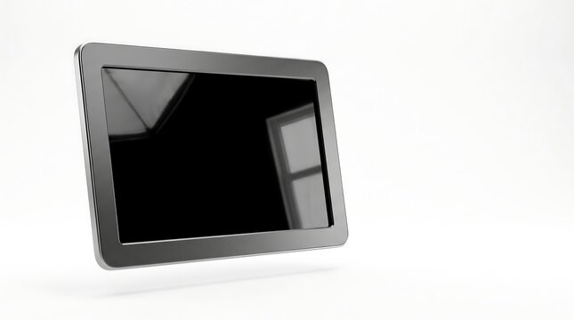 Modern digital tablet device with blank black screen isolated on white background.