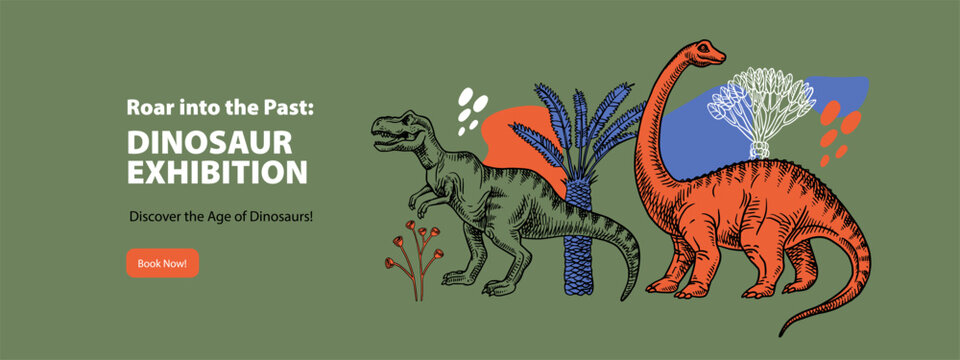 Hand drawn dinosaur illustration. Vector sketch isolated prehistoric animals. Historical museum exhibition design poster