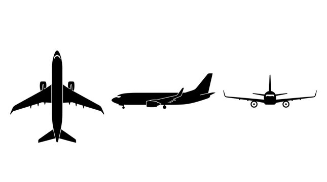 Commercial Airplane Silhouette Set with Front Side and Top Views Isolated PNG