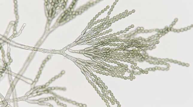 Microscopic view of mold showing conidiophores and spores on a light background.