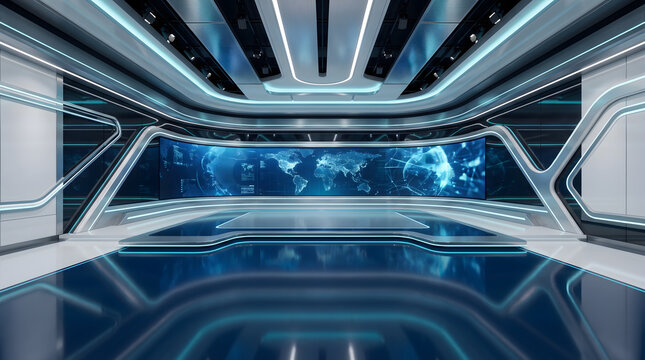 Global Television Newsroom Virtual Studio Set with World Map Panorama Screen