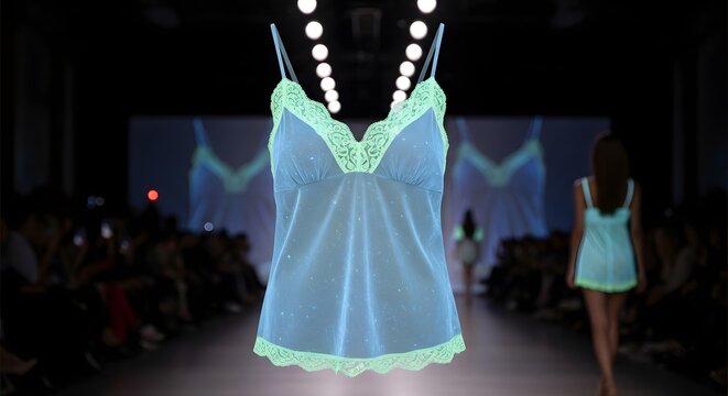 A beautiful sheer lace-trimmed camisole lingerie top on a fashion runway