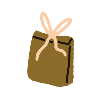 Gift bag, paper wrapping with festive bow knot, ribbon decoration. Doodle hand-drawn style present for holiday. Little box with small surprise. Flat vector illustration isolated on white background.