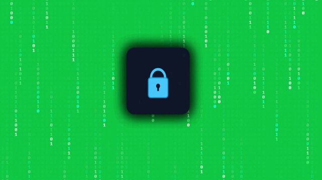 Blue secure lock icon centered in a rounded square widget against a falling green digital binary code data matrix stream motion graphic loop