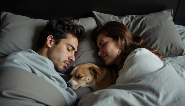 High Angle View of Young Couple Sleeping Comfortably in Bed with Cute Dog Between Them