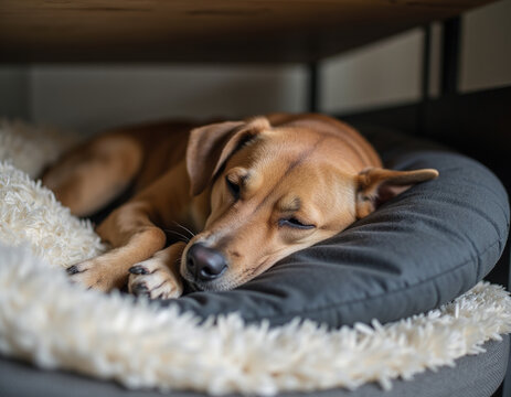 Cute Brown Dog Sleeping Peacefully on Soft Fabric Cushion Bed Under Wooden Table