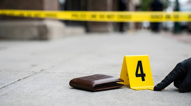 Crime scene investigator marking a wallet evidence with a yellow marker.