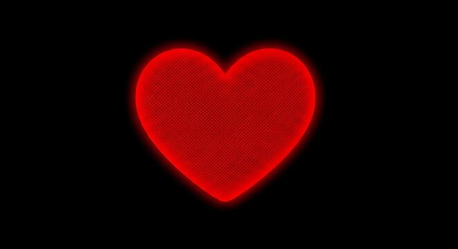 Glowing red heart symbol shining brightly on a pitch black background, concept of love and romance