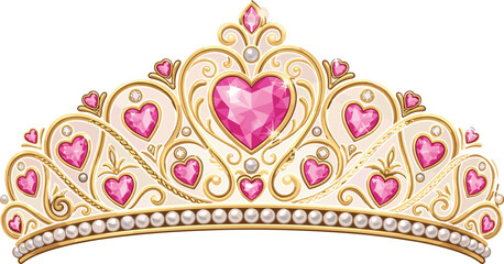 Elegant Golden Princess Tiara with Pink Heart Gems and Pearl Accents Luxury Crown Vector Illustration Isolated on White Background for Girls Birthday and Wedding Designs © Siddika