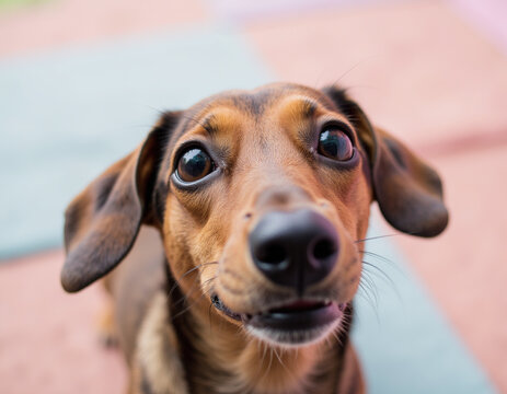Wide Angle Close Up Portrait of Cute Dachshund Dog Looking at Camera with Big Eyes