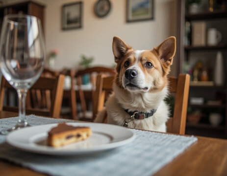 Cute Dog Sitting on Chair at Wooden Dining Table Looking Intently at Slice of Cake on Plate