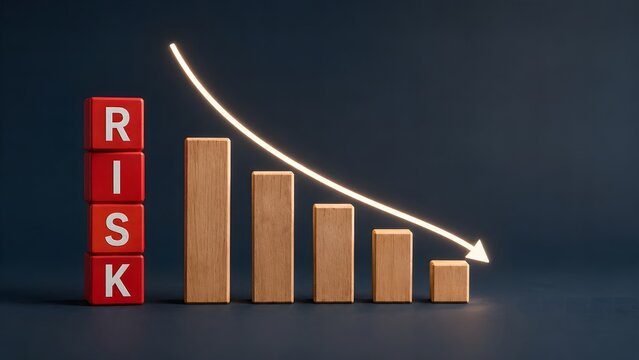 Risk reduction strategy concept, descending wooden block chart with downward glowing arrow, financial mitigation and safety