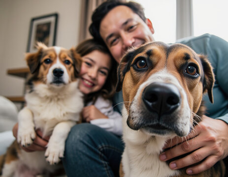 Close Up Selfie of Happy Father and Little Daughter Smiling Hugging Two Cute Dogs Indoors