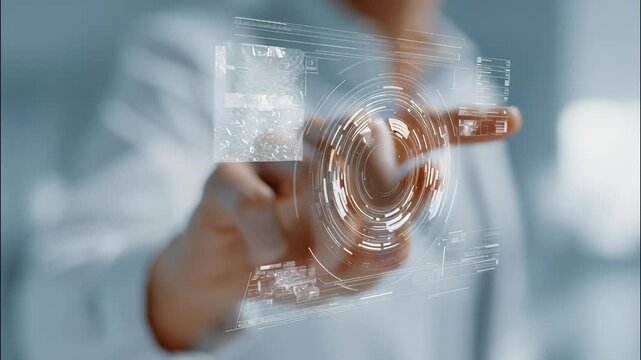 Human hand interacting with digital interface showing futuristic augmented reality virtual data network screen