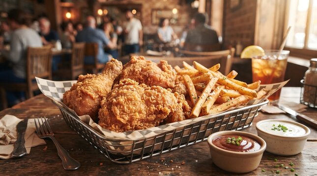 Crispy fried chicken and french fries served in a basket at a restaurant fried chicken