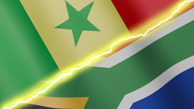 Two waving flags Senegal and South Africa with diagonal lightning seamless, 4k loop