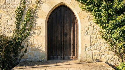 Fototapeta premium Ancient wooden arched door set in stone wall.
