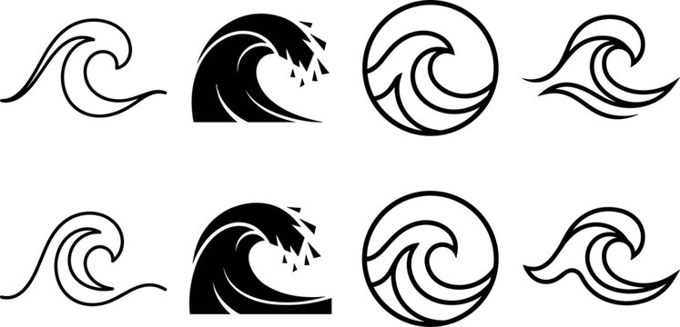 Sea Wave Silhouette Icon Set with Ocean Swell Surf Splashes and Circular Crest Symbols for Nautical Branding Travel and Water Sport Vector Designs