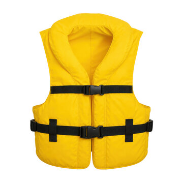 Bright yellow life jacket with black straps and buckles, providing essential safety for water activities, captured with even studio lighting
