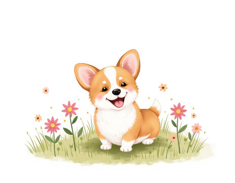 Cute Cartoon Corgi Puppy Sitting in Flower Field Digital Watercolor Illustration Isolated on White