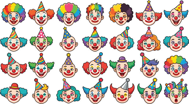 Cute Cartoon Clown Face Emoji Icon Bundle with Colorful Hair Party Hats Red Noses and Different Cheerful Facial Expressions for Birthday Celebrations and Circus Mascot Graphic Designs