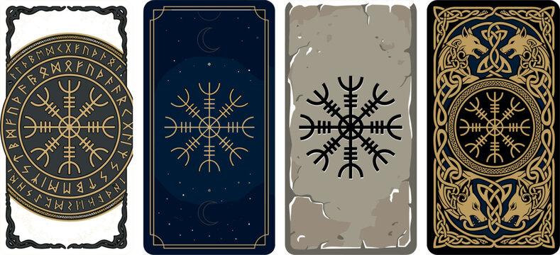 Viking Tarot Card Template Set with Vegvisir Rune Compass and Helm of Awe Symbols for Divination and Esoteric Norse Mythology Vector Designs