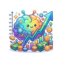 Fototapeta premium an ai brain predicting financial growth with an upward chart, coins, data points, and analytics symbol