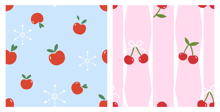 Cute seamless apple and cherry pattern collection featuring red fruits, green leaves, delicate snowflake accents, and ribbon bows on pastel blue and pink backgrounds in flat vector.
