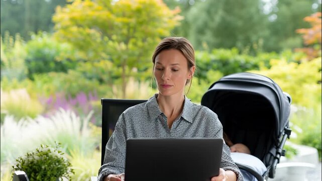 Woman working on laptop at home baby sleeping in stroller balancing motherhood and professional career