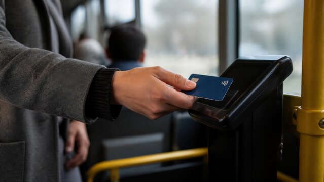 Commuter tapping contactless credit card on electronic validator reader inside public transport bus provides modern payment solution during city transit