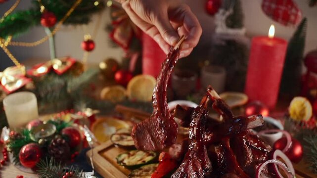 grilled barbecue meat ribs, veal, beef, lamb rack with vegetables, christmas bbq, fresh grill rib with bones and pepper, marrow, onion, new year table