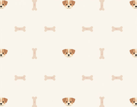 Seamless Vector Pattern with Cute Brown Dog Heads and Bones on Off White Background