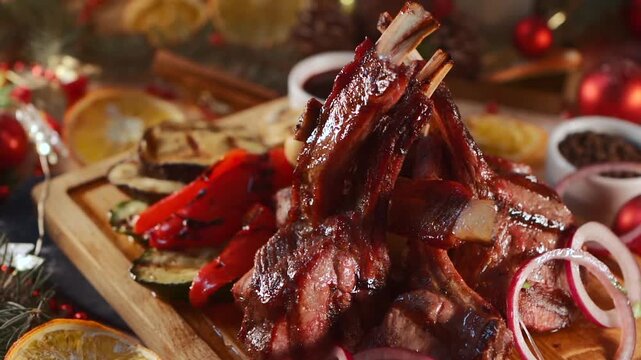 traditional grilled barbecue meat ribs with vegetables, veal, beef and lamb rack, fresh bone marrow, onion and pepper on christmas and new year table