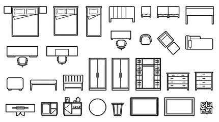 Fototapeta premium Bedroom furniture floor plan CAD symbol set bed wardrobe desk top view interior layout drawing