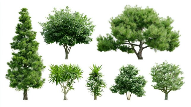 Collection of diverse green trees and plants on transparent background