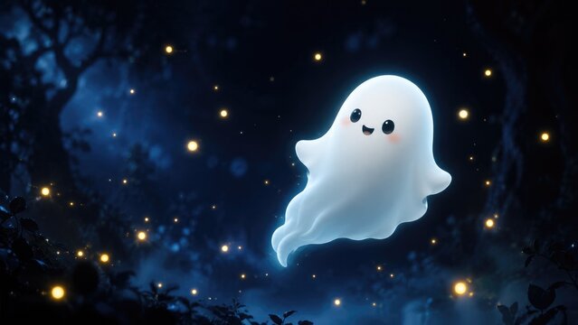 Cute glowing cartoon ghost floating in a moonlit forest surrounded by fireflies, whimsical and friendly Halloween night illustration