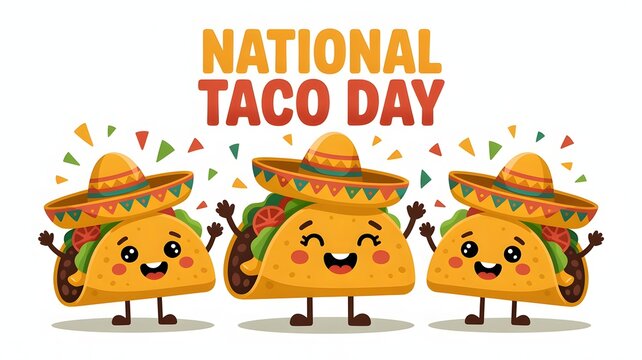 National Taco Day Poster, Adorable Taco Characters, Mexican Food Celebration, Tasty Tacos, Festive Confetti, Food Holiday, Social Media Banner Design Inspiration