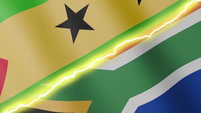Two waving flags Sao Tome and Principe; and South Africa with diagonal lightning seamless, 4k loop