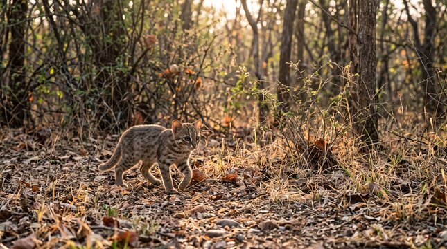 Rusty-Spotted Cat Walking on a Woodland Path at Golden Hour