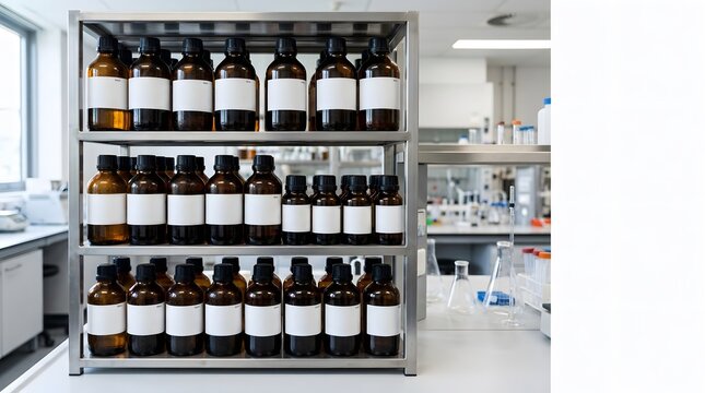 organized amber laboratory reagent bottles stored on stainless steel shelving for chemical research, pharmaceutical testing and scientific material management