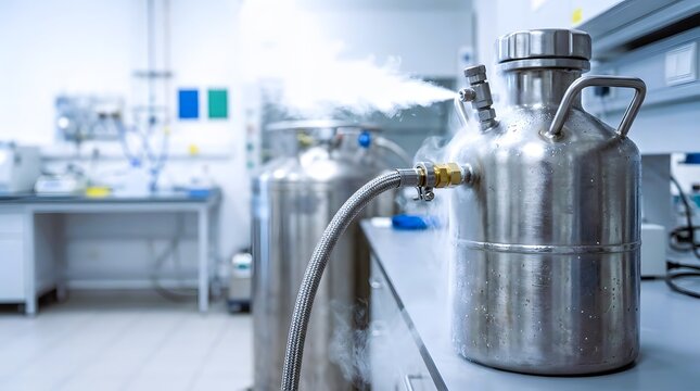cryogenic stainless steel storage vessel with insulated hose and vapor discharge in scientific laboratory for low temperature processing and research