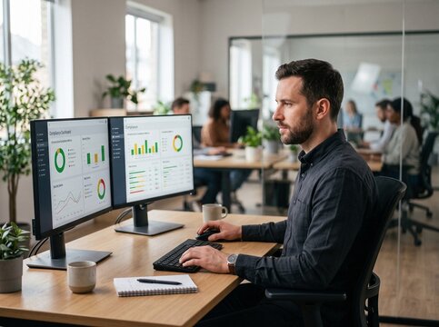 Professional DevSecOps engineer analyzing compliance metrics and security dashboards on dual monitors in a modern open-plan tech office