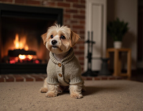 Cute Small Dog Wearing Grey Knitted Cardigan Sweater Sitting in Front of Warm Fireplace