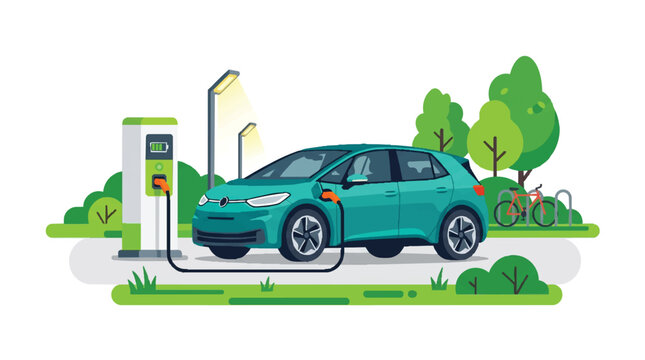 Electric Car Vehicle Charging at Green EV Station in Eco Friendly Park Vector Illustration