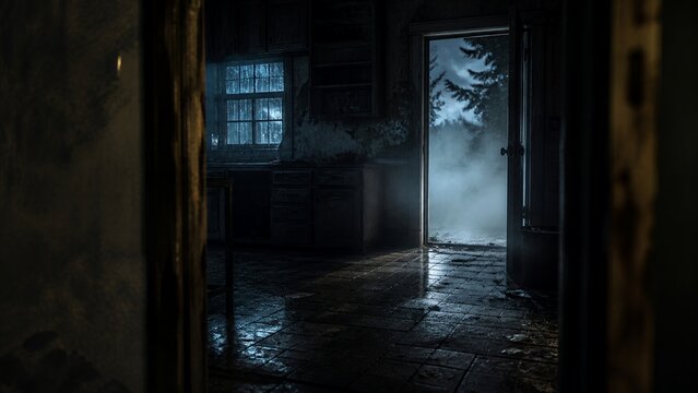 Foggy Back Door In An Abandoned Kitchen With Rainy Moonlit Window