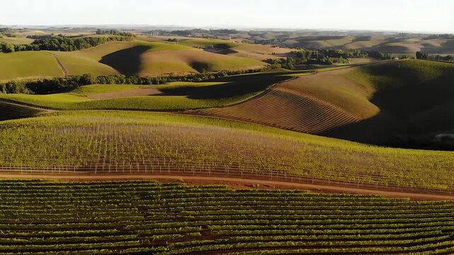 Aerial view of scenic rolling hills and lush vineyards under warm golden hour sunlight