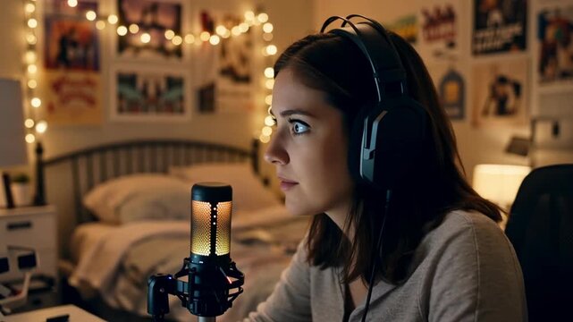 Young woman with headphones speaks into a colorful microphone while sitting at a desk in a cozy bedroom with fairy lights and posters on the walls