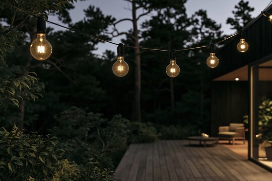 Warm string lights illuminate a shou sugi ban deck on a terrace at night, surrounded by trees in a serene forest retreat setting